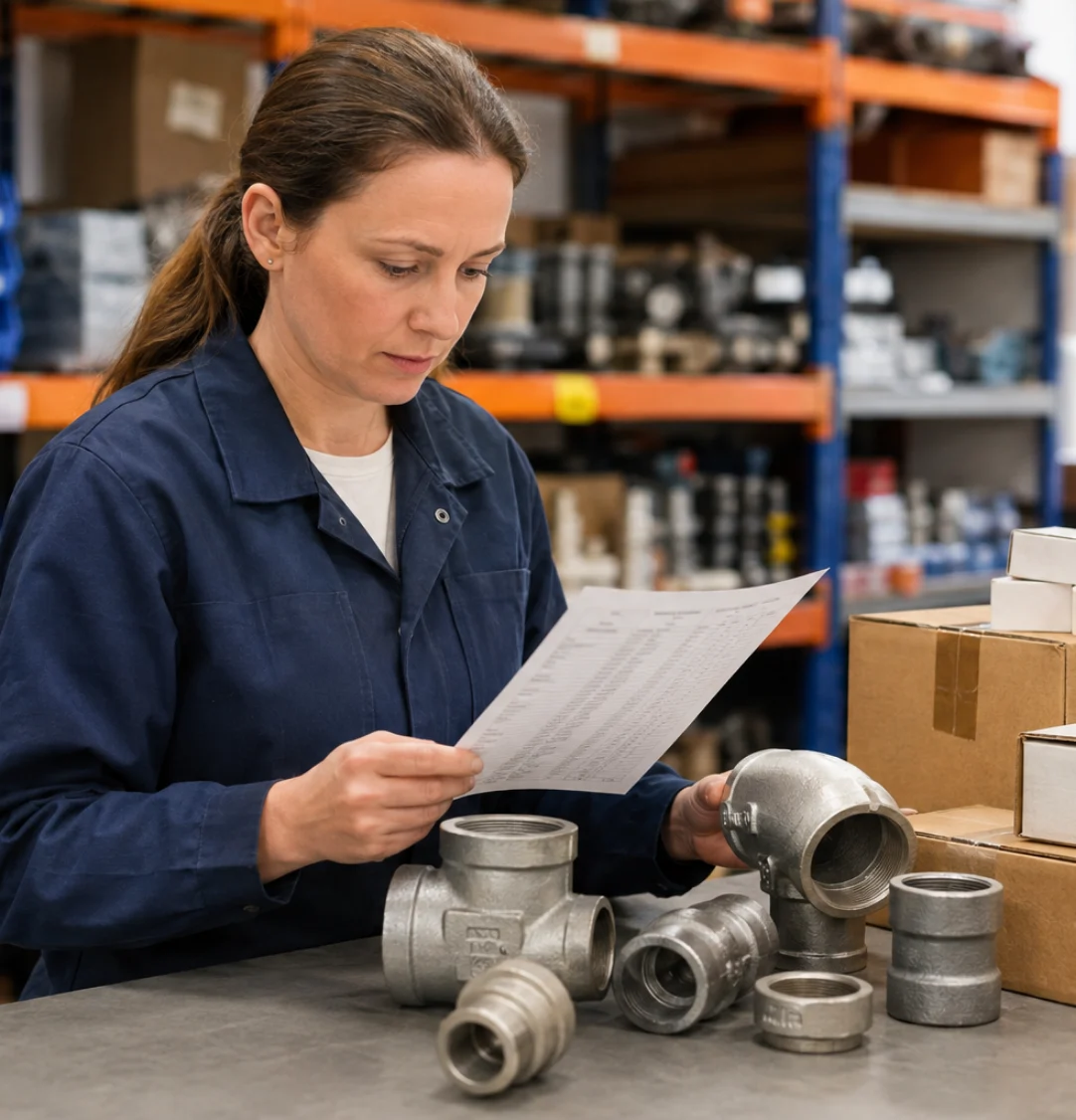 Procurement coordinator reviewing product samples and an item list
