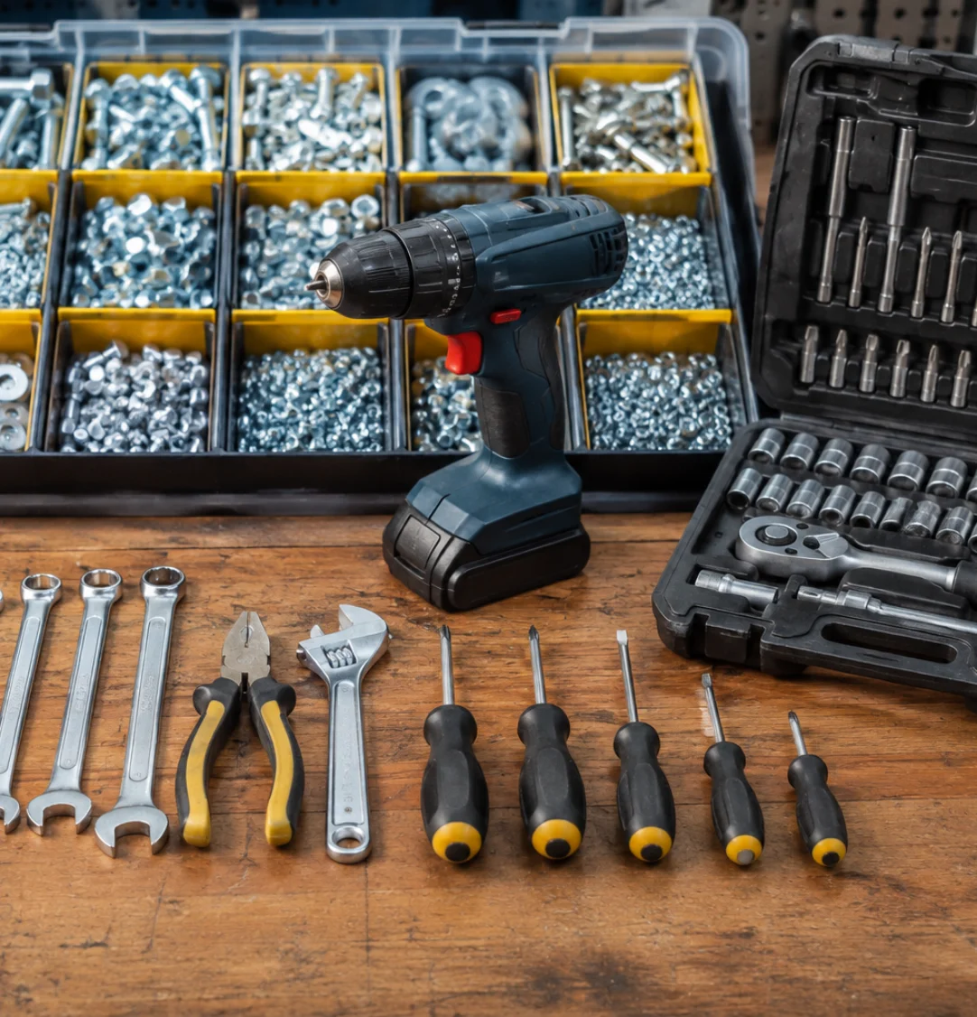 Hand tools, power tools and organized metal fasteners