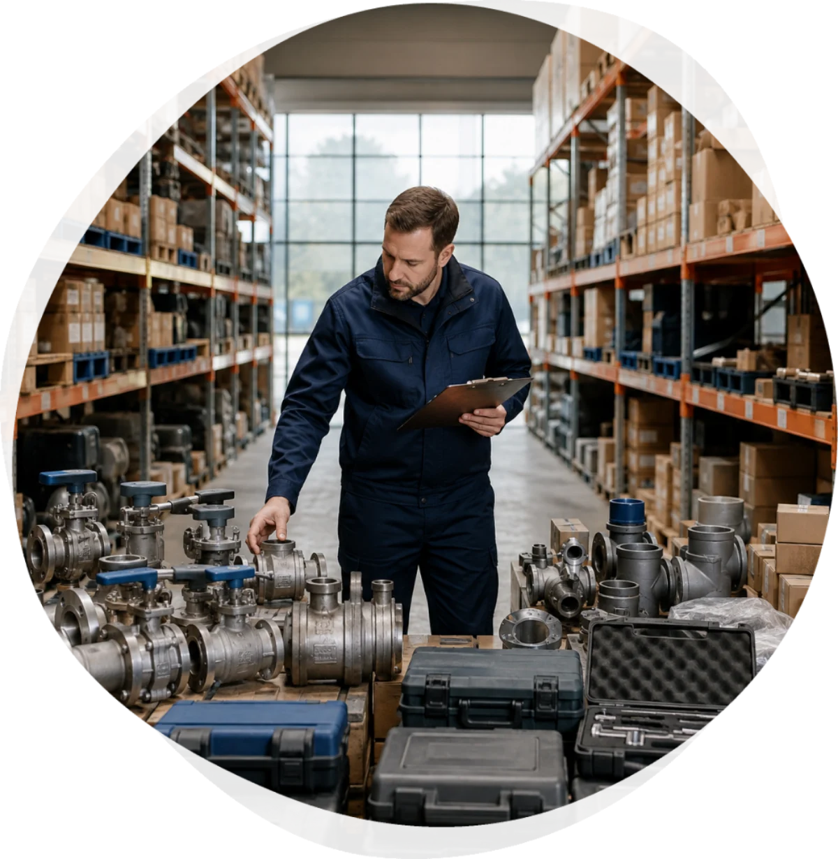 Inventory coordinator reviewing tools and piping components