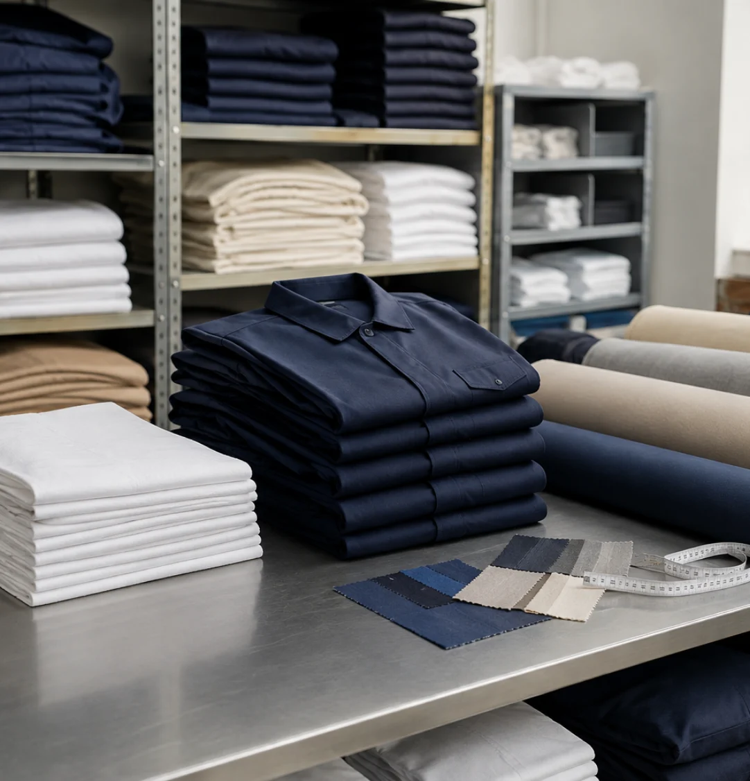 Fabric rolls, folded uniforms and institutional linen